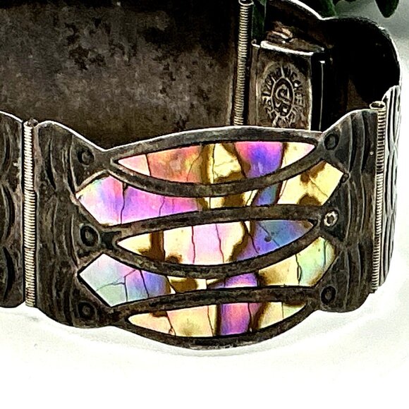 Vintage Mexican Sterling Silver Abalone Inlay Hinged Bracelet - Picture 3 of 9